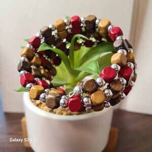 Boho Chic Wood Cube Bead Stretch Bracelet Red Brown‎ Yellow Silver Tone